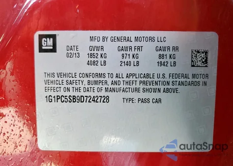 2013 Chevrolet Cruze Lt from USA, damaged, VIN 1G1PC5SB9D7242728